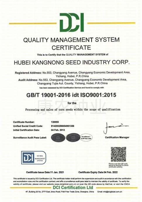 2020 QMS Certification Certificate-English